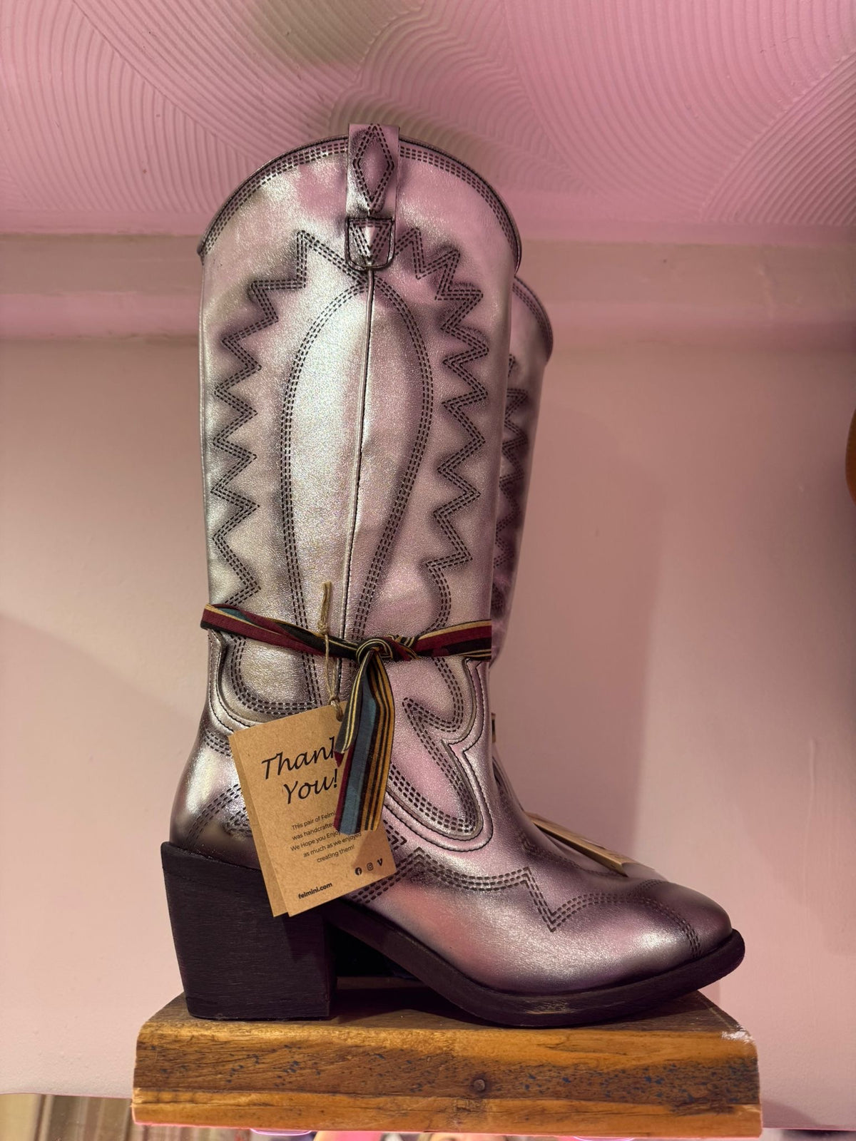 Felmini | Long Heeled Leather Cowboy Boot | Silver