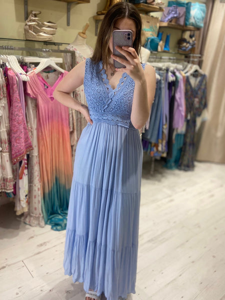 Sleeveless Lace Tiered Maxi Dress | Light Blue