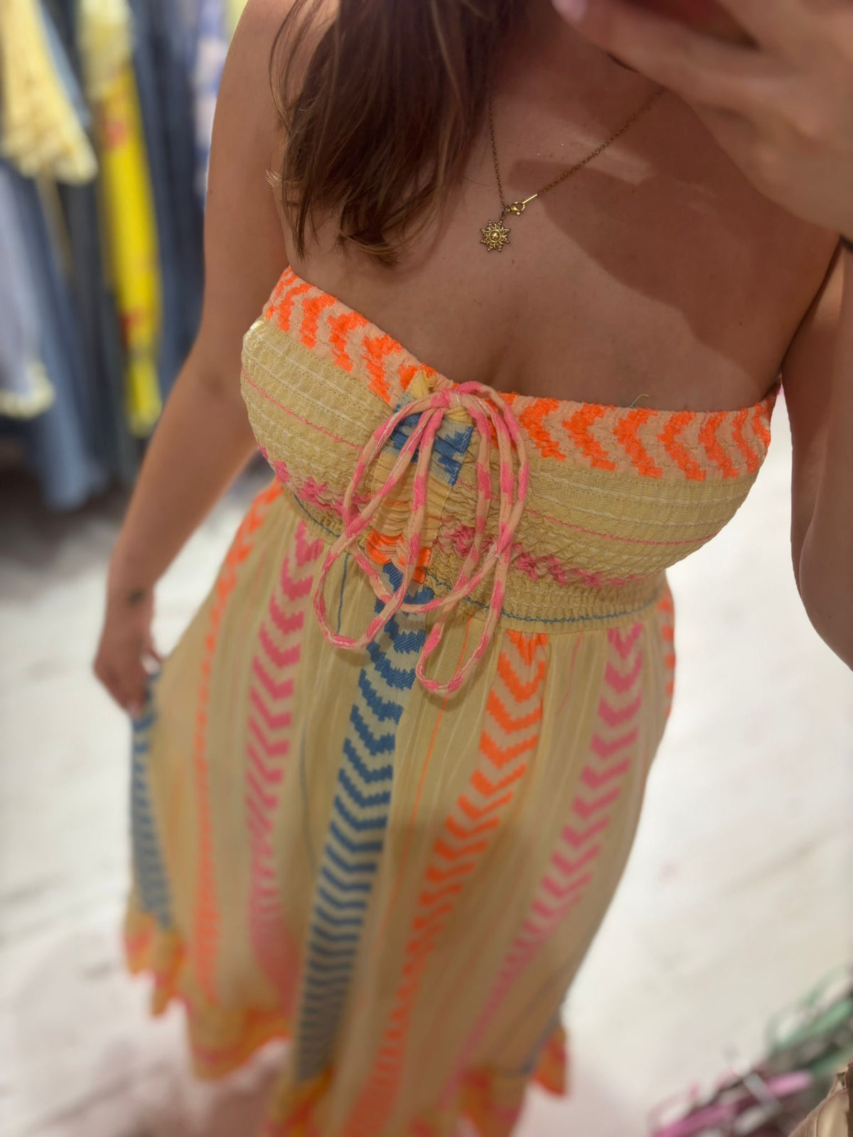 Geometric Print Boho Bandeau Dress | Yellow Multi
