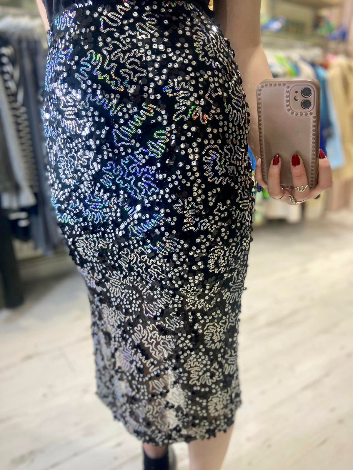 Sofia Sequin Stretch Pencil Skirt | Black/Silver