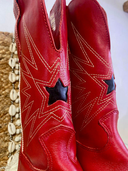 Long Leather Cowboy Boot | Red Multi