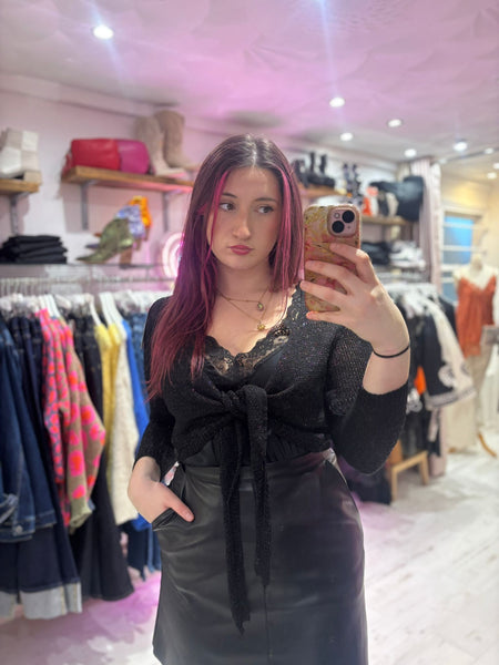 Metallic Knit Tie Front Cardigan | Black