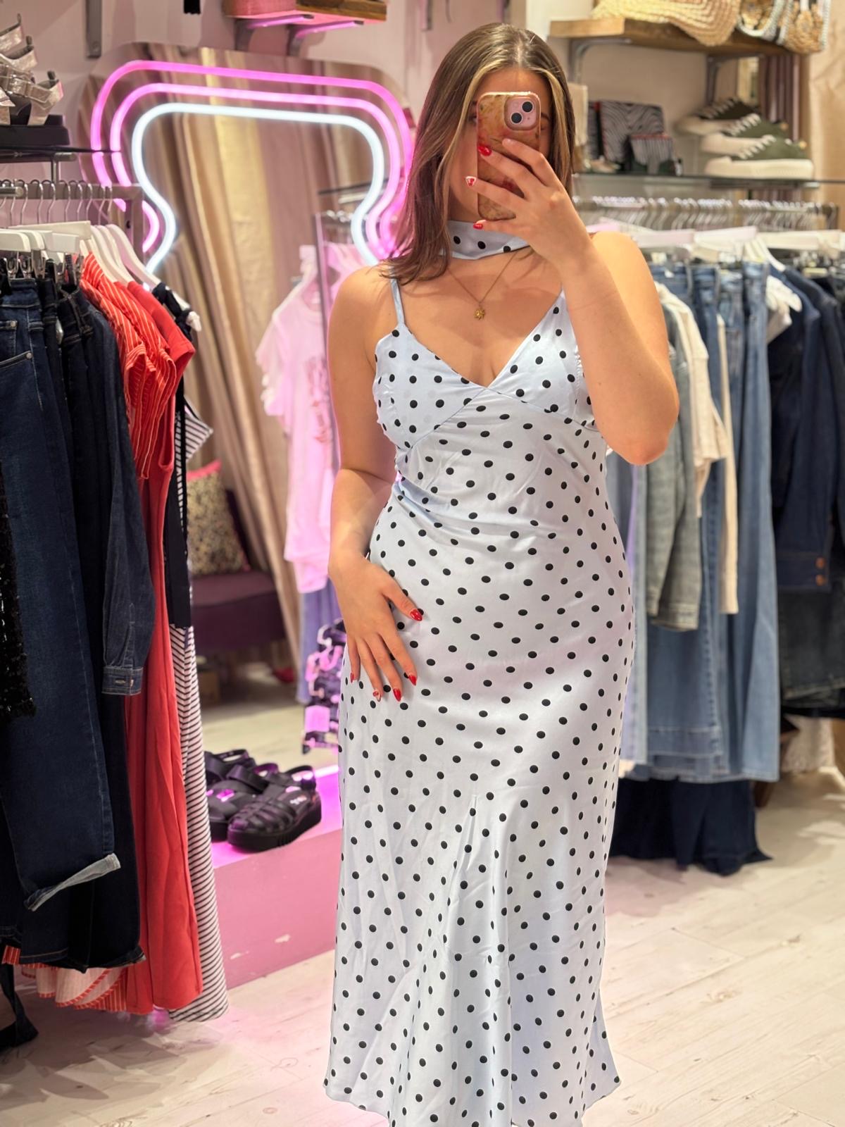 Polka Dot Silky Midi Dress | Pale Blue