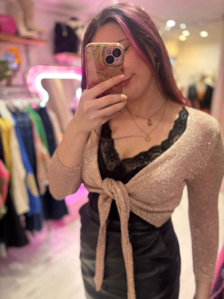 Metallic Knit Tie Front Cardigan | Rose Gold