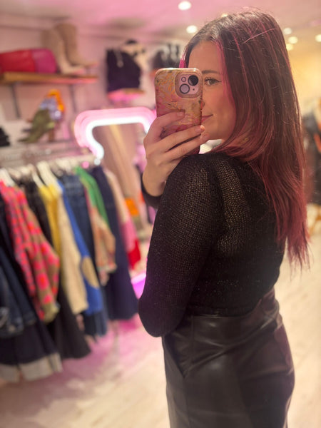 Metallic Knit Tie Front Cardigan | Black