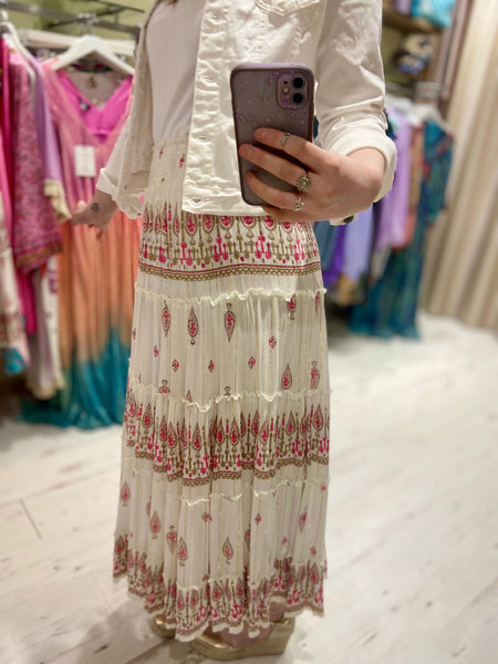 Ophelia Boho Tiered Skirt | Pink/White