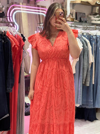 Broderie Anglaise Cotton Midaxi Dress | Coral