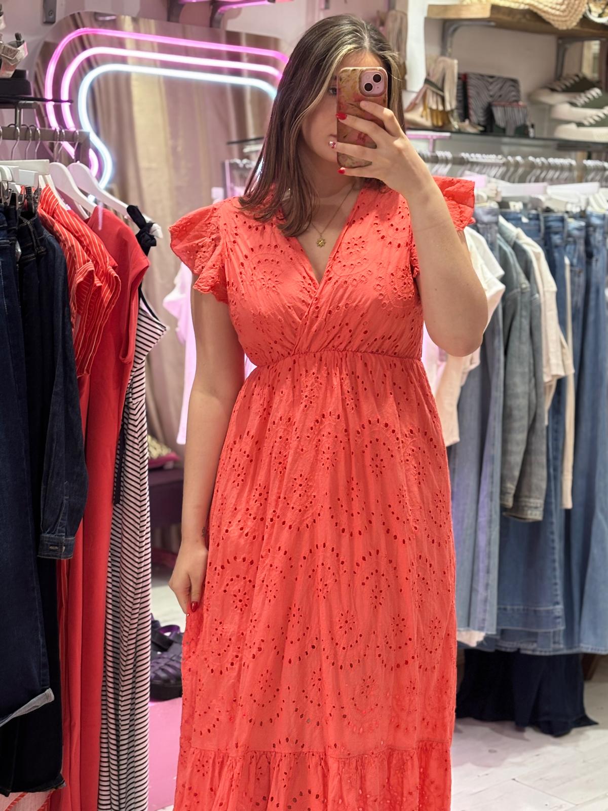 Broderie Anglaise Cotton Midaxi Dress | Coral