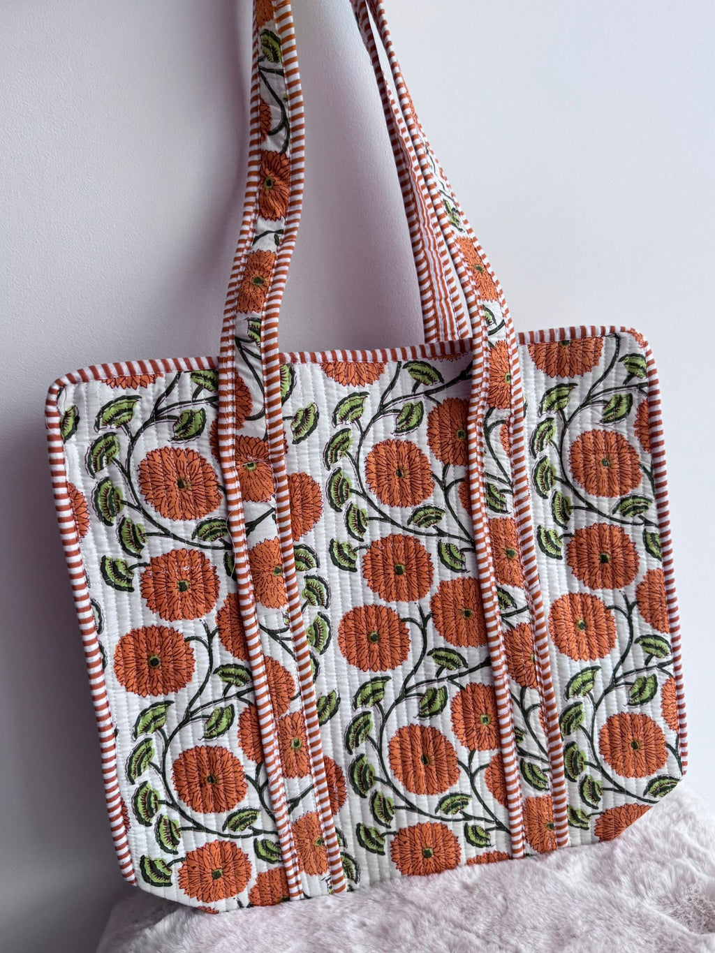 Boho Cotton Quilted Large Tote Bag | Orange Floral