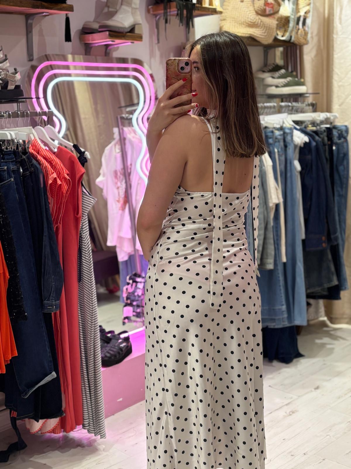 Polka Dot Silky Midi Dress | Light Beige