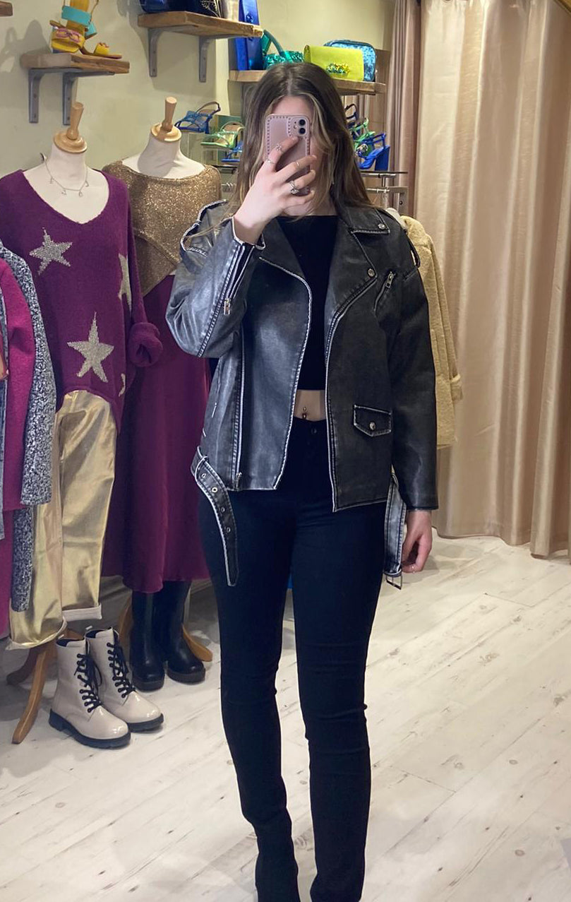 Oversized Distressed Biker Jacket | Black Faux Leather