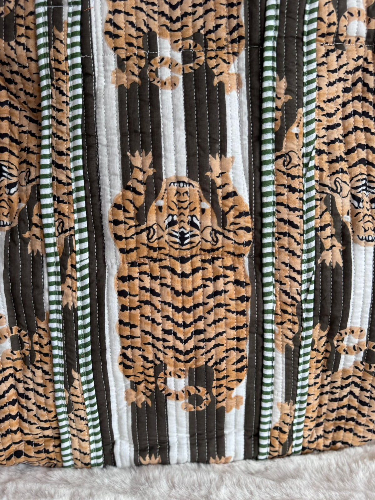 Boho Cotton Quilted Large Tote Bag | Tiger Stripes Olive
