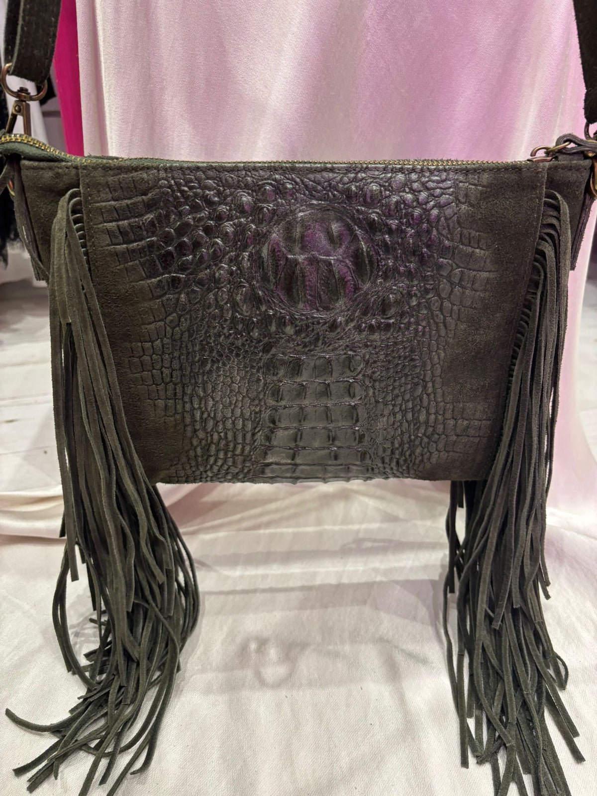 Croc Detail Genuine Suede and Leather Fringed Bag | Olive Green