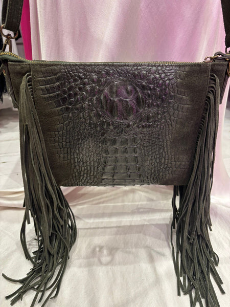 Leather Croc Detail Suede Tassel Crossbody Bag | Khaki Green