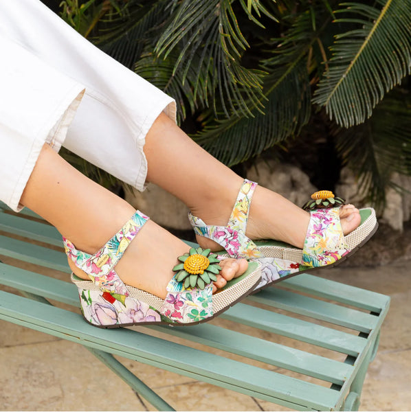 Laura Vita | Barry 36 Floral Wedge Sandal | Green Multi