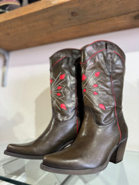 Felmini | Long Leather Cowboy Boot | Green/Red