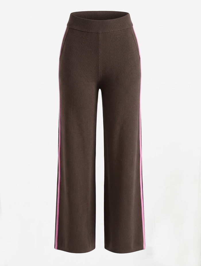Alice Collins | Karlie Side Stripe Knit Trousers | Chocolate Chip/Pink