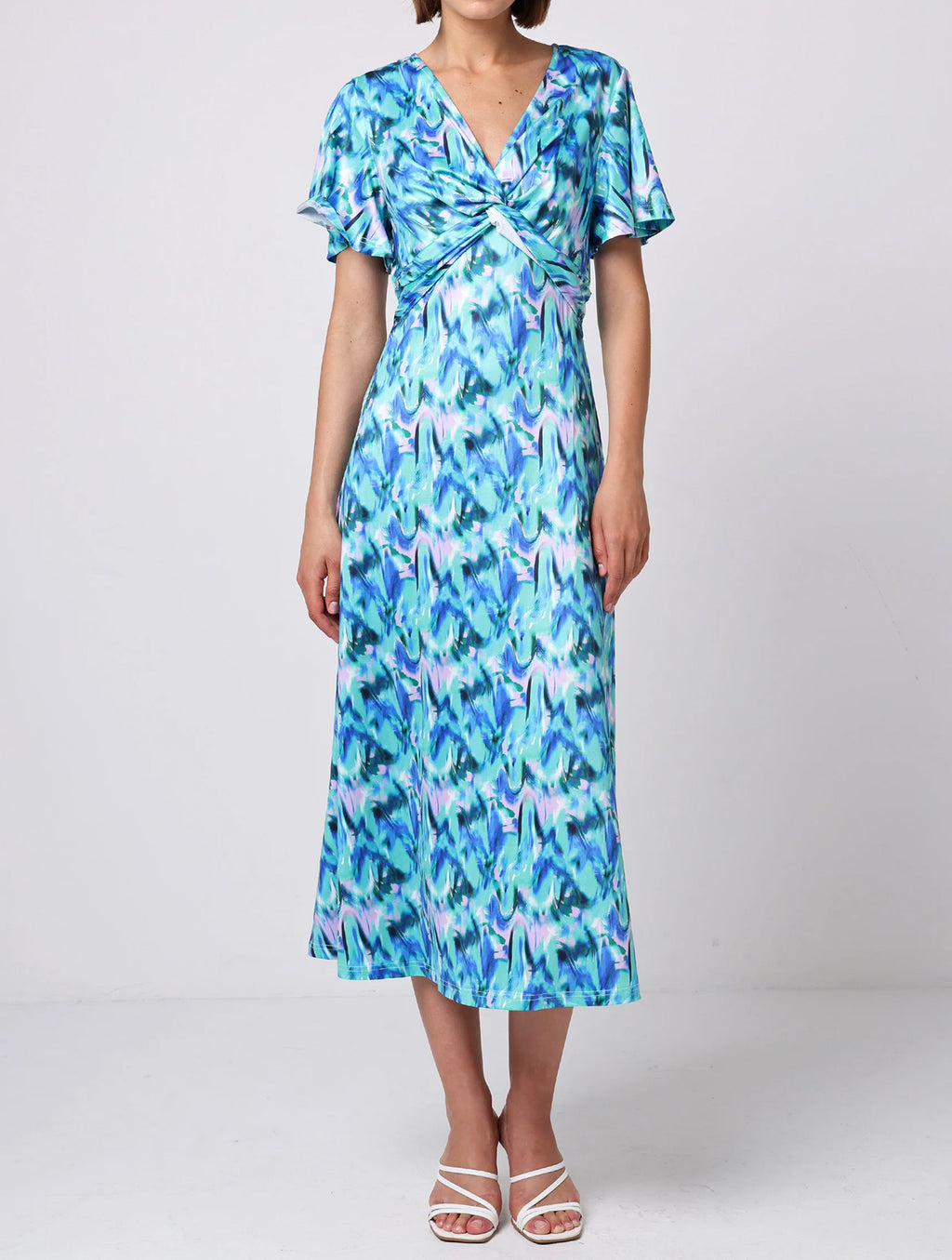 Twist Front Angel Sleeve Midi Dress | Blue/Green