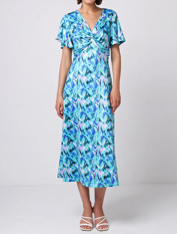 Twist Front Angel Sleeve Midi Dress | Blue/Green