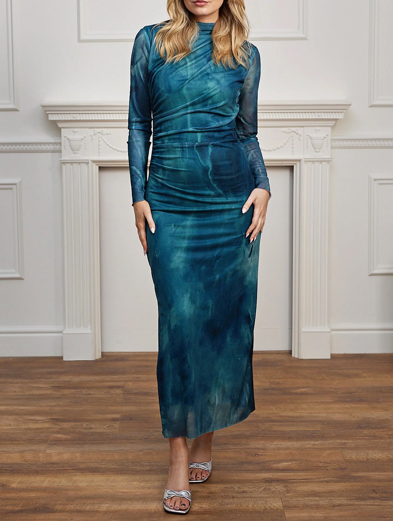 Watercolour Bodycon Long Sleeved Midi Dress | Teal