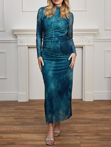 Watercolour Bodycon Long Sleeved Midi Dress | Teal
