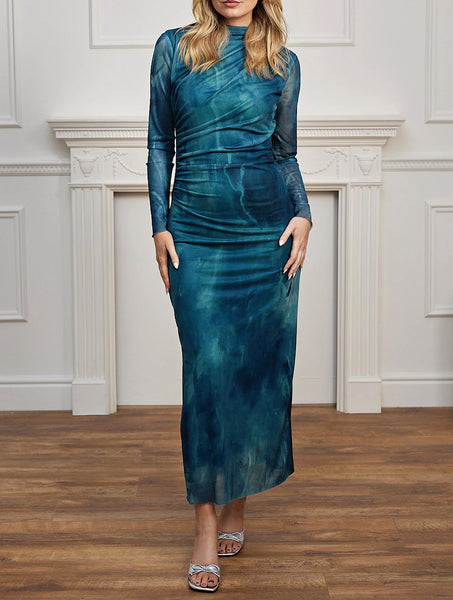 Watercolour Bodycon Long Sleeved Midi Dress | Teal