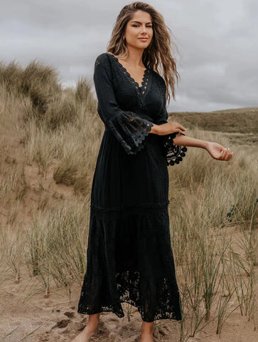 3/4 Sleeve Lace Maxi Dress | Black