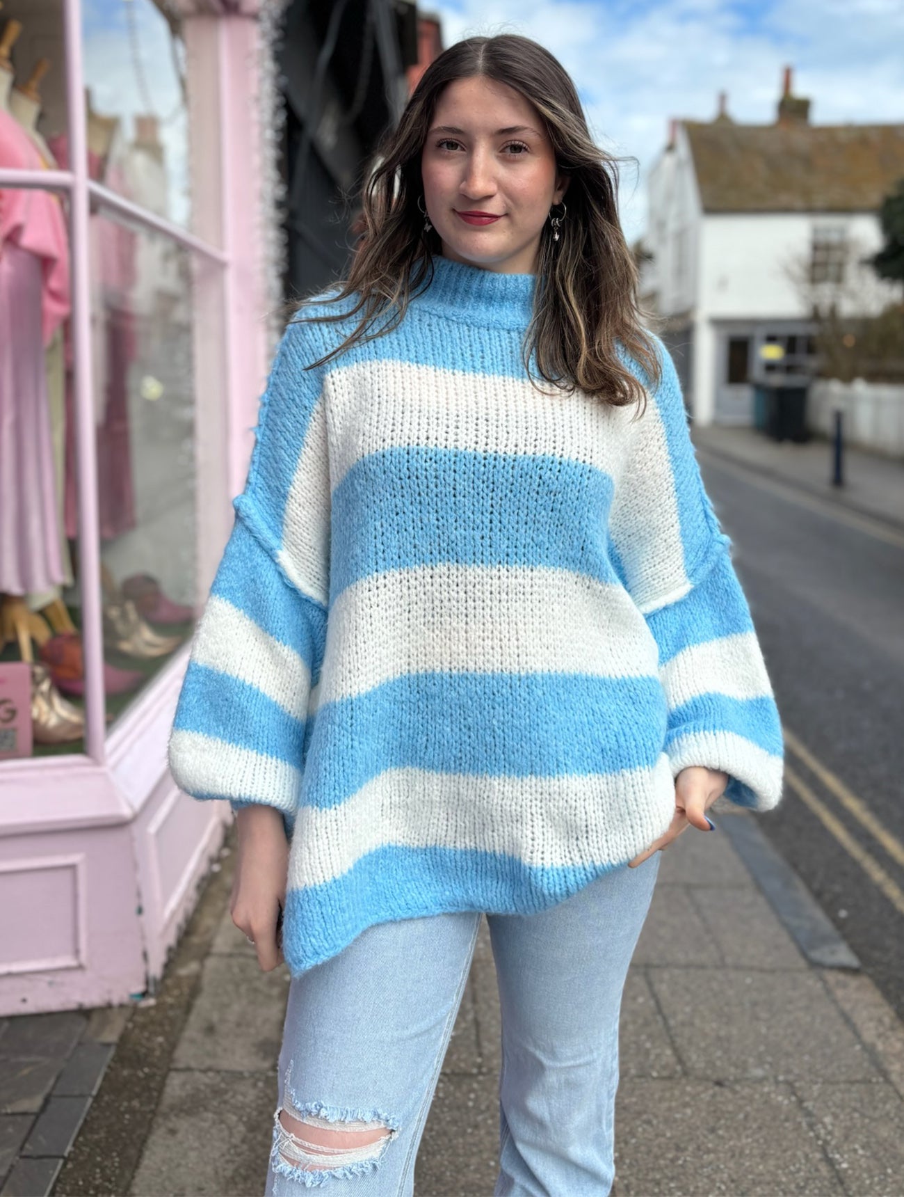 Stripe Oversized Mock Neck Jumper | Sky Blue/White