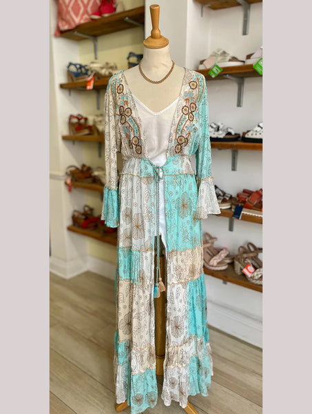 Boho Embellished Floral Kimono | Turquoise