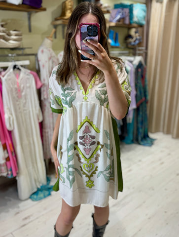 Anais Boho Printed Short Dress | Lime