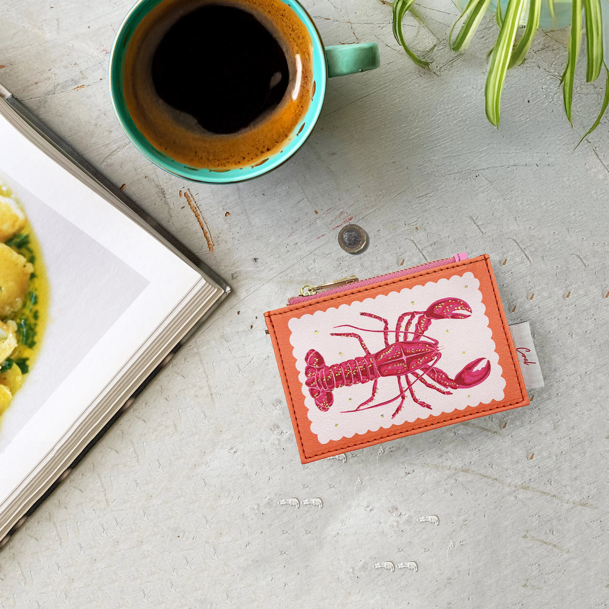Coral Lobster Zip Purse