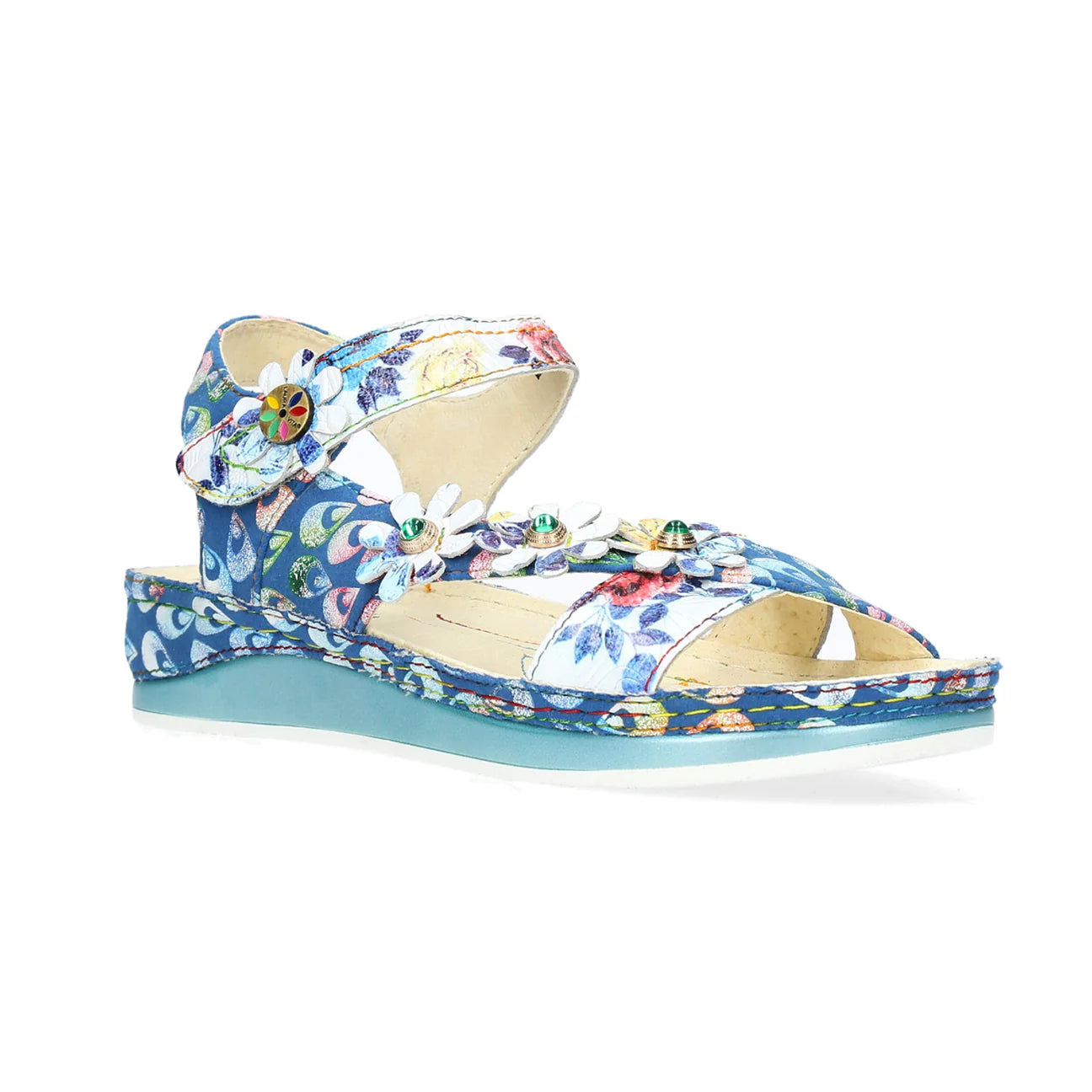 Laura Vita | Brcuelo 81 Floral Flat Sandal | Blue Multi