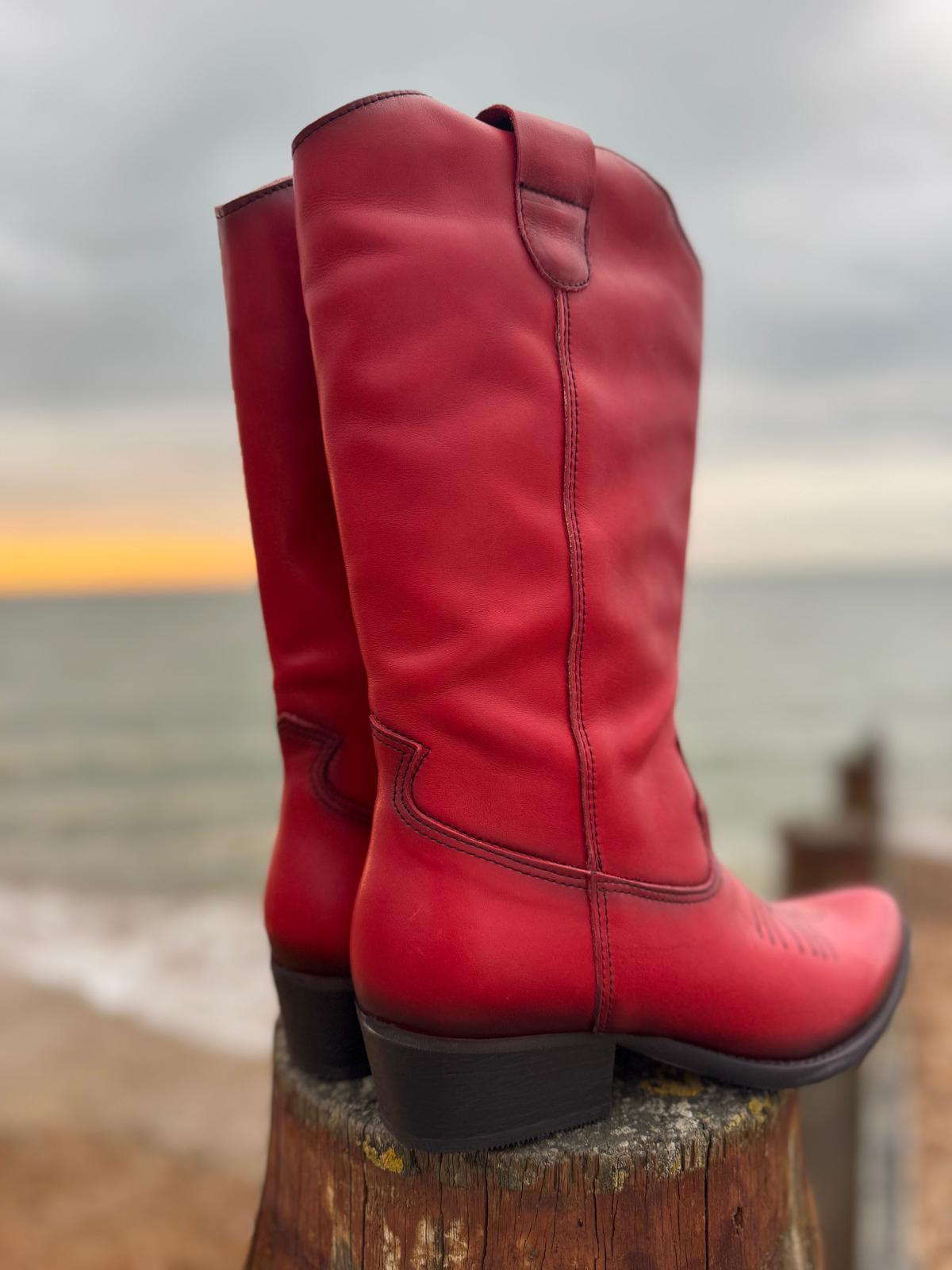 Long Leather Cowboy Boot | Red