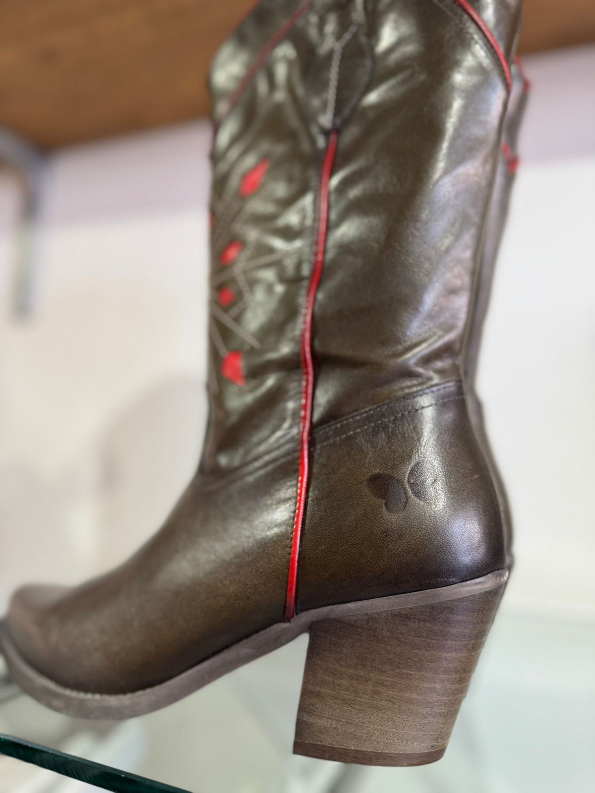 Felmini | Long Leather Cowboy Boot | Green/Red