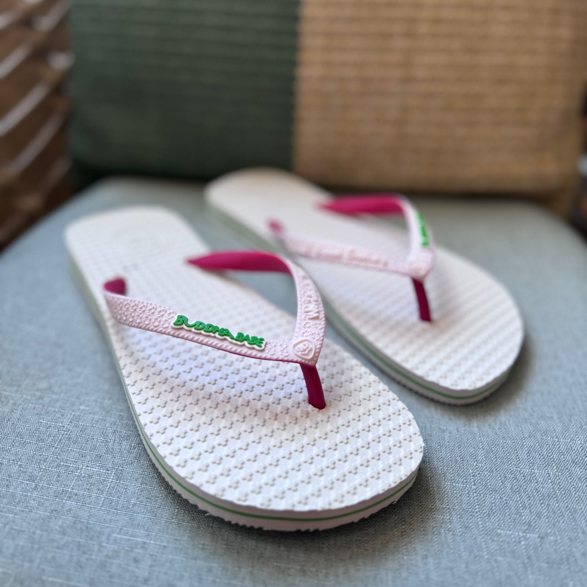 Buddha Babe Flip Flops White Pink Green