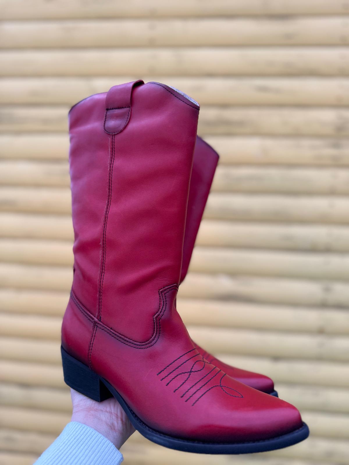 Long Leather Cowboy Boot | Red