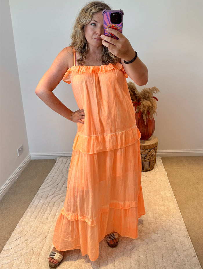 Frill Detail Layered Cotton Maxi Dress | Orange