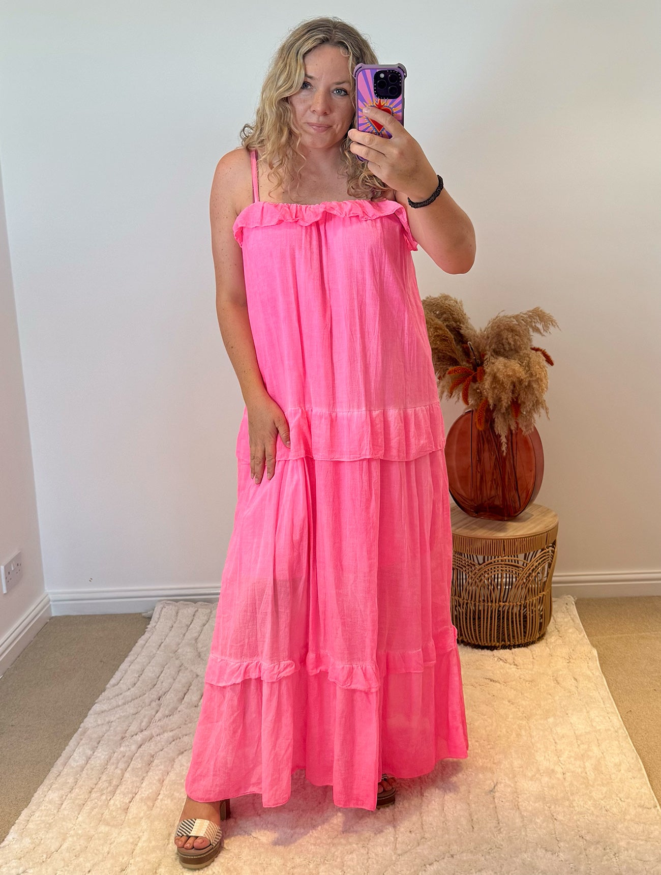 Frill Detail Layered Cotton Maxi Dress | Neon Pink