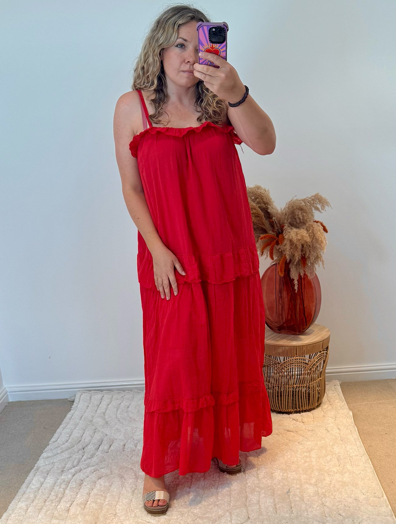 Frill Detail Layered Cotton Maxi Dress | Red