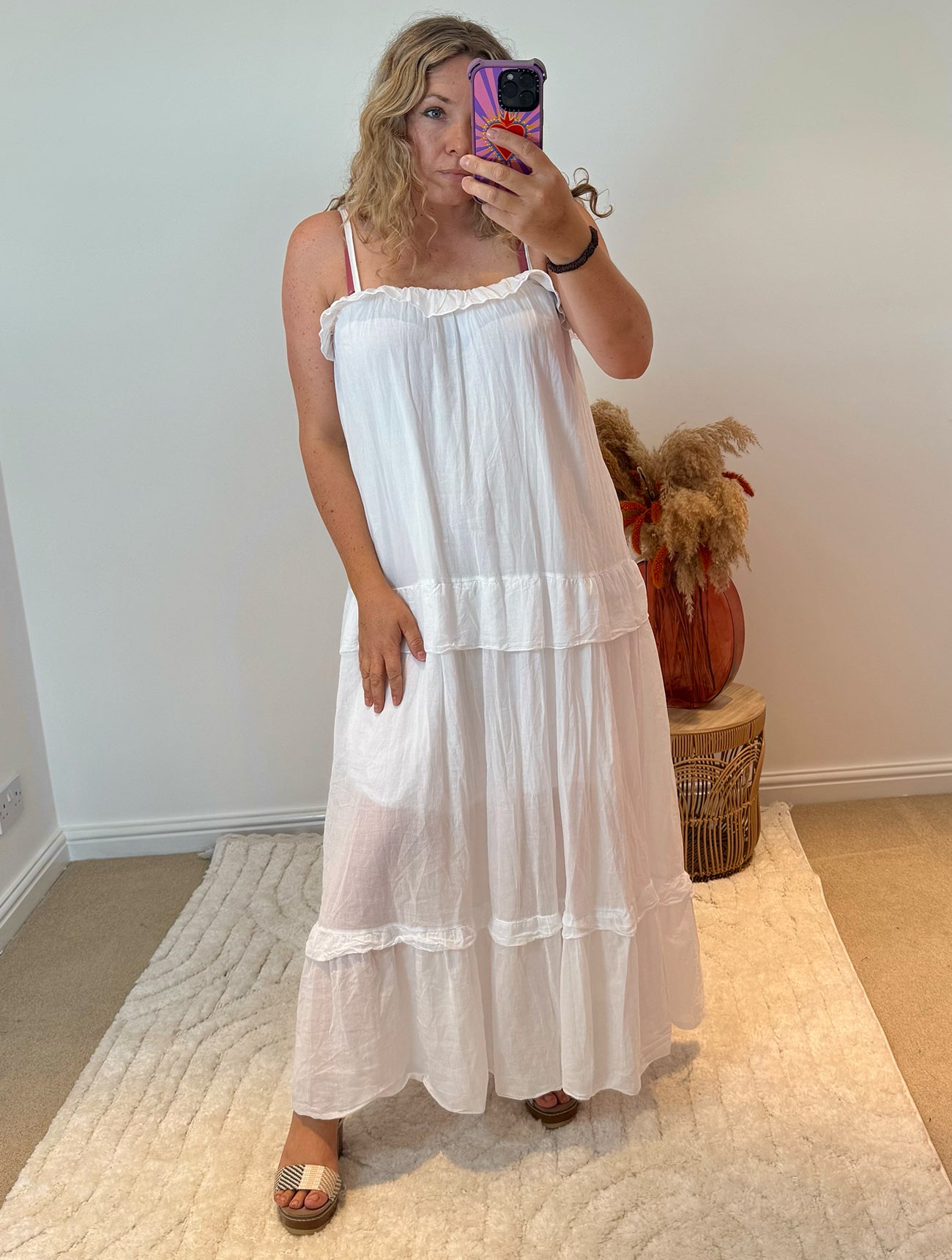 Frill Detail Layered Cotton Maxi Dress | White