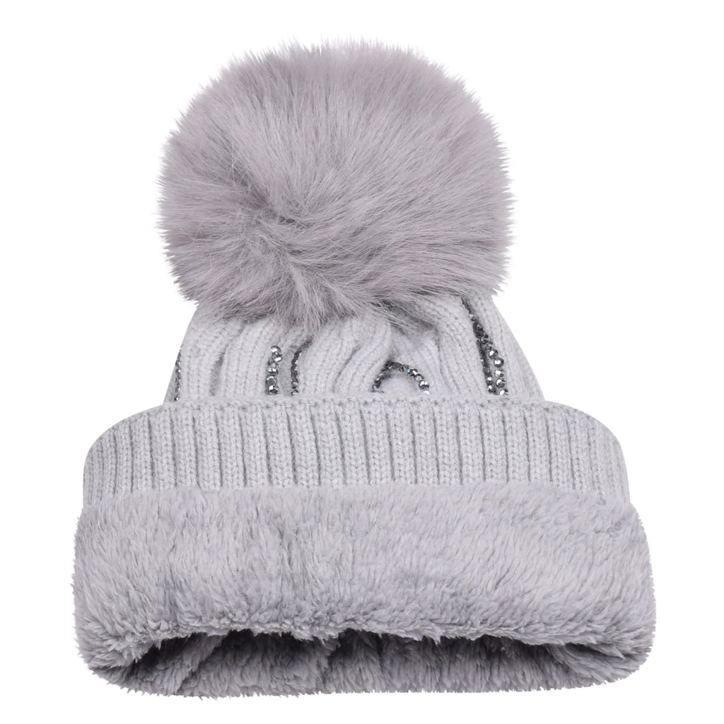 Diamante Detail Bobble Hat | Silver Grey