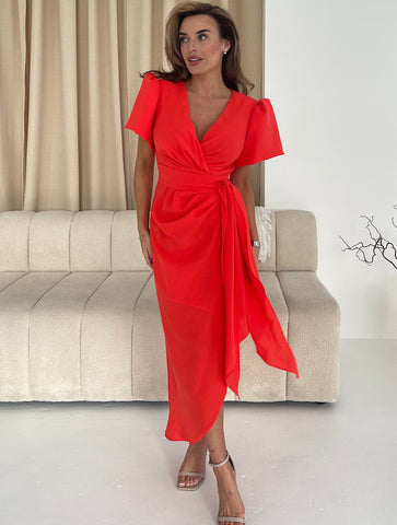 Drew Puff Sleeve Wrap Front Midi Dress | Orange