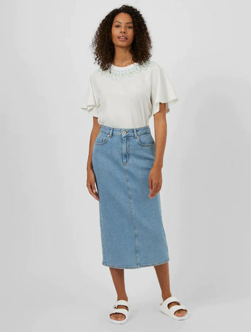 Sunwashed Stretched Denim Midi Skirt | J3UAH | Blue