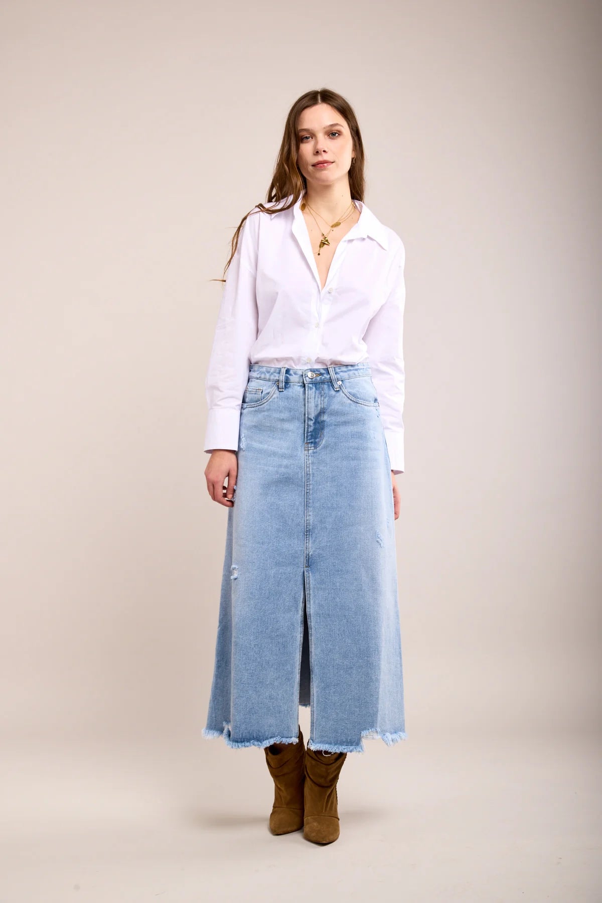 Toxik3 Distressed Denim Long Skirt | Light Vintage Wash