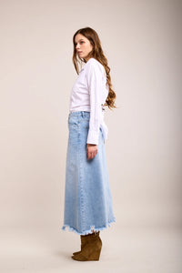 Toxik3 Distressed Denim Long Skirt | Light Vintage Wash