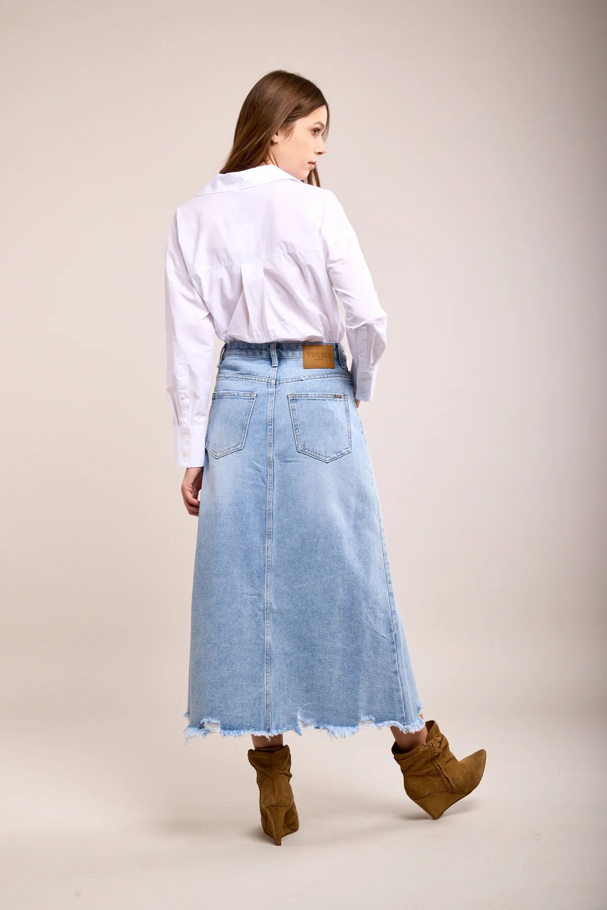 Toxik3 Distressed Denim Long Skirt | Light Vintage Wash