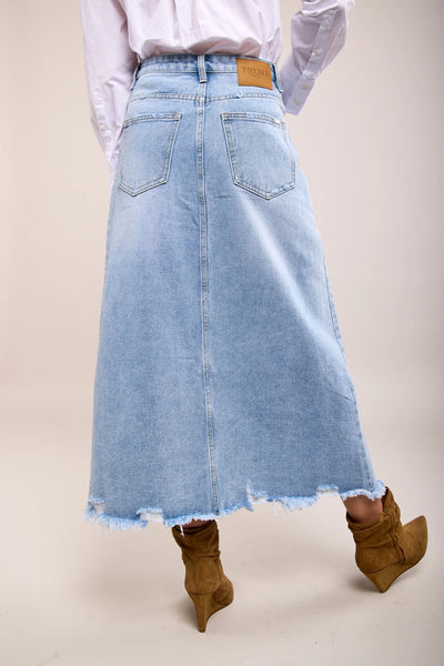 Toxik3 Distressed Denim Long Skirt | Light Vintage Wash