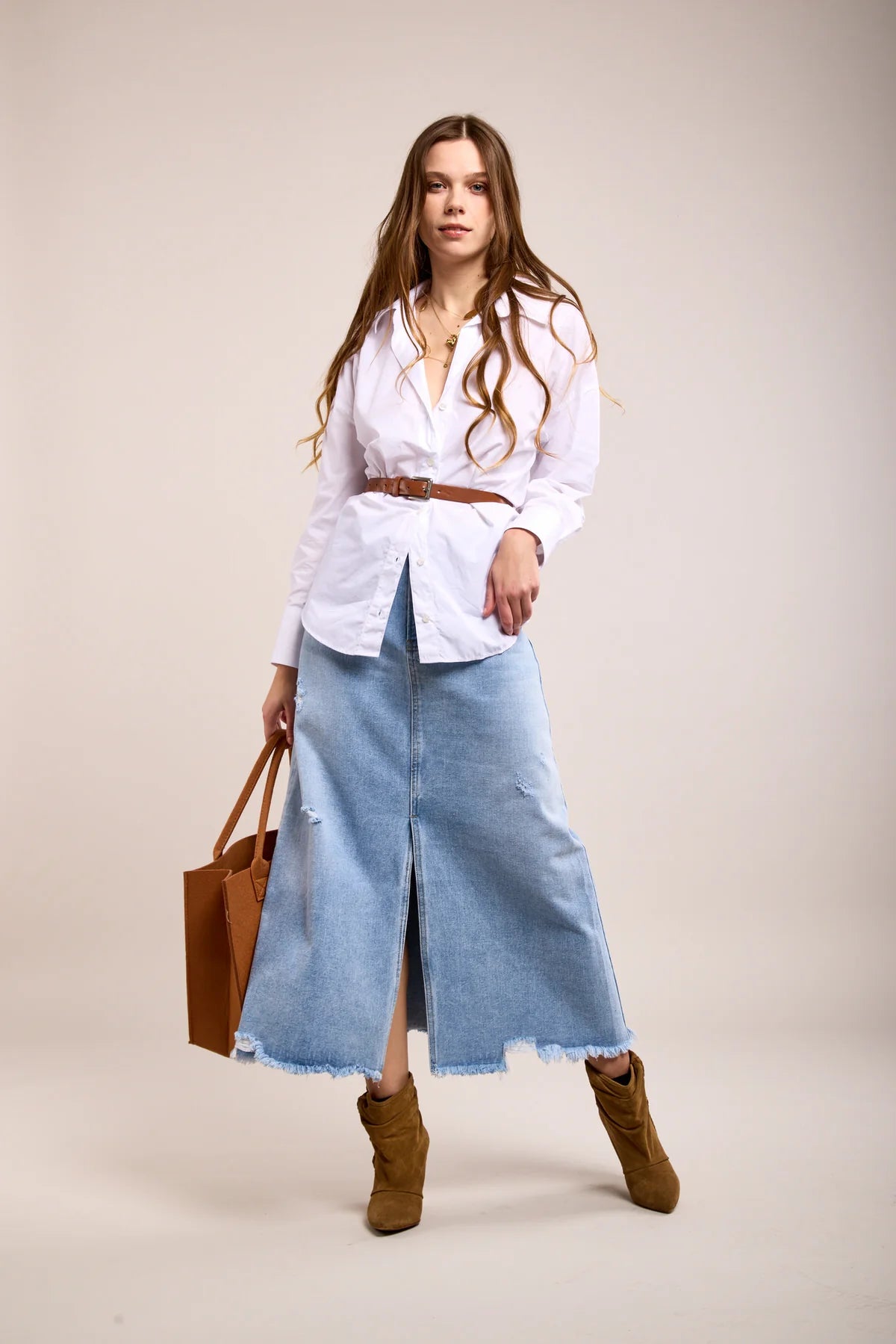 Toxik3 Distressed Denim Long Skirt | Light Vintage Wash