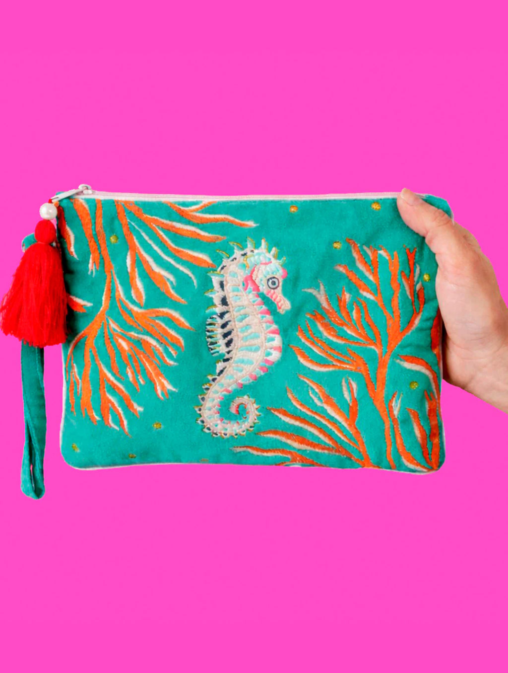 Coral Seahorse Clutch Bag