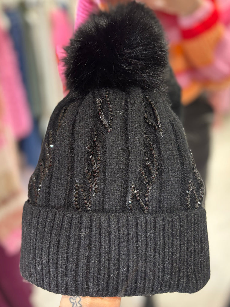 Sparkle Bobble Hat Black Pink Flamingo Boutique Kent